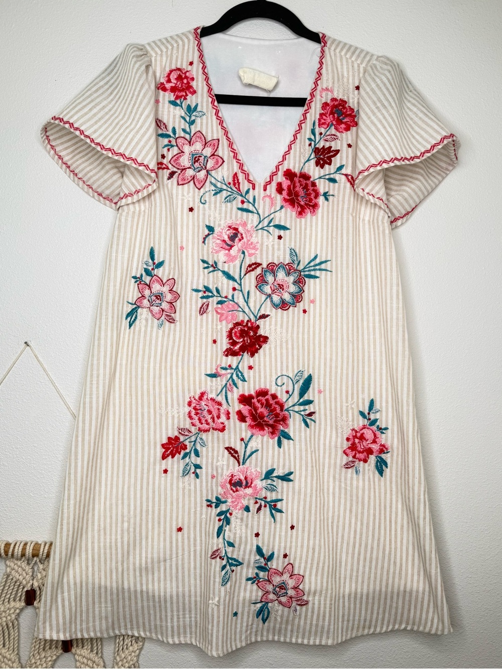 Savanna Jane Cream Striped Dress with Red and Pink Floral Embroidery